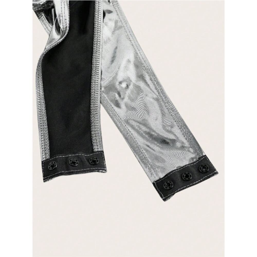 Metallic Silver High Cut Bodysuit Women Sleeveless Mock Neck Cutout Clubwear M - Picture 10 of 10